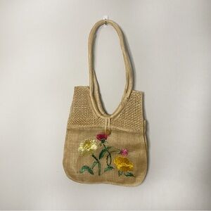 Vintage Handmade In The Philippines Rafia Woven Floral Bag